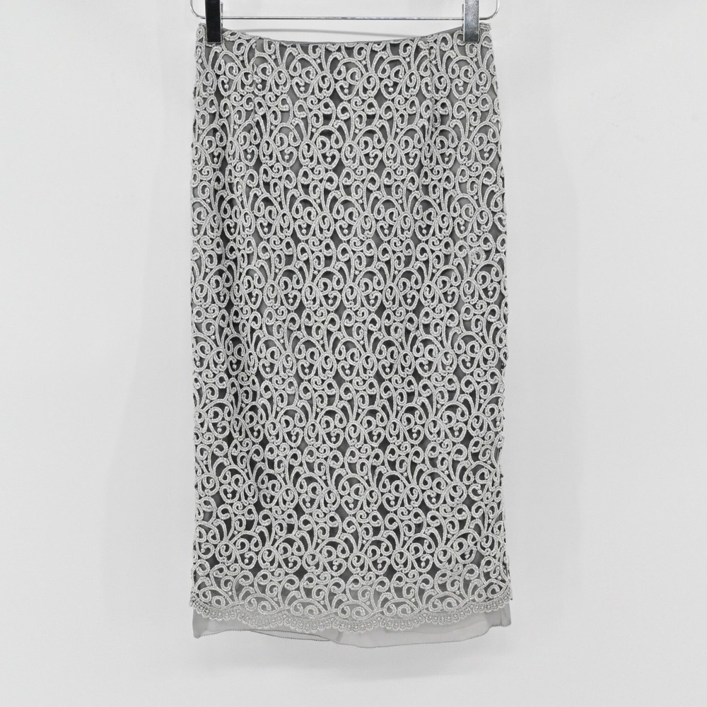 Vtg ANNE KLEIN Lace Pencil Skirt Womens Size 2‎ Silver Romantic Glamorous Luxe
